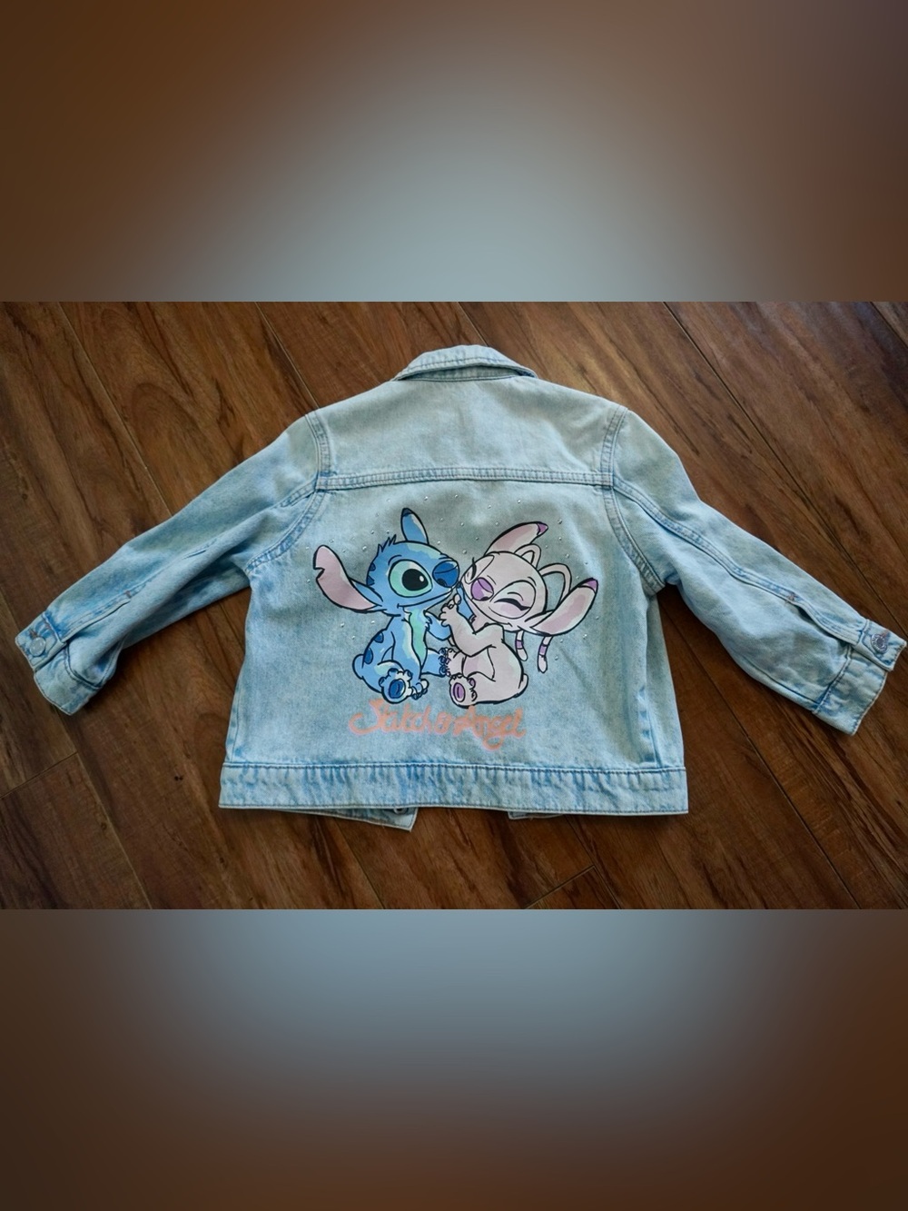 H&M Kids Light Wash Denim Jacket with Stitch & Angel Back Art - Blue/Pink